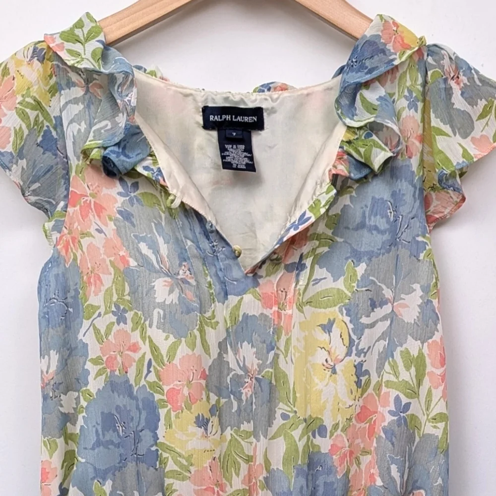 Ralph Lauren Chiffon Dress Watercolor Floral Ruffle Flutter Sleeve Cottagecore 7
